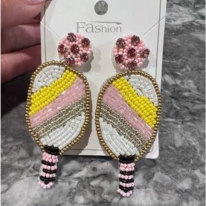 Pickleball or tennis beaded rhinestone post earrings pink yellow